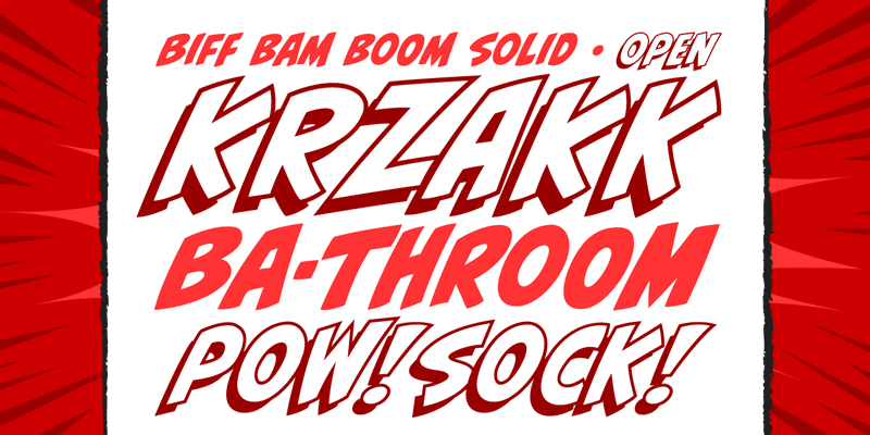 Card displaying CC Biff Bam Boom typeface in various styles